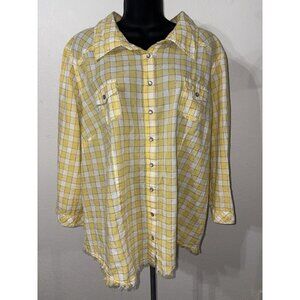 Cato Western Pearl Snap top Blouse Women 3X 26/28 Yellow White Plaid Long Sleeve